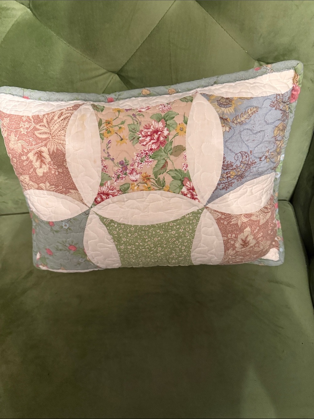 Vintage Patchwork Floral Quilted Pillow in Green, Pink & Blue